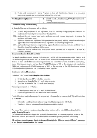 03092022
2. Design and implement C++/Java Program to find all Hamiltonian Cycles in a connected
undirected Graph G of n vertices using backtracking principle.
Teaching-Learning Process 1. Chalk & board, Active Learning, MOOC, Problem based
learning.
2. Laboratory Demonstration.
Course outcome (Course Skill Set)
At the end of the course the student will be able to:
CO 1. Analyze the performance of the algorithms, state the efficiency using asymptotic notations and
analyze mathematically the complexity of the algorithm.
CO 2. Apply divide and conquer approaches and decrease and conquer approaches in solving the
problems analyze the same
CO 3. Apply the appropriate algorithmic design technique like greedy method, transform and conquer
approaches and compare the efficiency of algorithms to solve the given problem.
CO 4. Apply and analyze dynamic programming approaches to solve some problems. and improve an
algorithm time efficiency by sacrificing space.
CO 5. Apply and analyze backtracking, branch and bound methods and to describe P, NP and NP-
Complete problems.
Assessment Details (both CIE and SEE)
The weightage of Continuous Internal Evaluation (CIE) is 50% and for Semester End Exam (SEE) is 50%.
The minimum passing mark for the CIE is 40% of the maximum marks (20 marks). A student shall be
deemed to have satisfied the academic requirements and earned the credits allotted to each subject/
course if the student secures not less than 35% (18 Marks out of 50) in the semester-end examination
(SEE), and a minimum of 40% (40 marks out of 100) in the sum total of the CIE (Continuous Internal
Evaluation) and SEE (Semester End Examination) taken together
Continuous Internal Evaluation:
Three Unit Tests each of 20 Marks (duration 01 hour)
1. First test at the end of 5th week of the semester
2. Second test at the end of the 10th week of the semester
3. Third test at the end of the 15th week of the semester
Two assignments each of 10 Marks
4. First assignment at the end of 4th week of the semester
5. Second assignment at the end of 9th week of the semester
Practical Sessions need to be assessed by appropriate rubrics and viva-voce method. This will contribute
to 20 marks.
 Rubrics for each Experiment taken average for all Lab components – 15 Marks.
 Viva-Voce– 5 Marks (more emphasized on demonstration topics)
The sum of three tests, two assignments, and practical sessions will be out of 100 marks and will be
scaled down to 50 marks
(to have a less stressed CIE, the portion of the syllabus should not be common /repeated for any of the
methods of the CIE. Each method of CIE should have a different syllabus portion of the course).
CIE methods /question paper has to be designed to attain the different levels of Bloom’s taxonomy
as per the outcome defined for the course.
 