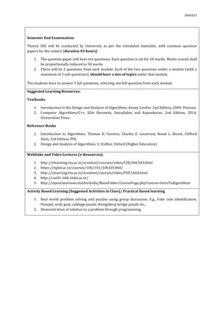 03092022
Semester End Examination:
Theory SEE will be conducted by University as per the scheduled timetable, with common question
papers for the subject (duration 03 hours)
1. The question paper will have ten questions. Each question is set for 20 marks. Marks scored shall
be proportionally reduced to 50 marks
2. There will be 2 questions from each module. Each of the two questions under a module (with a
maximum of 3 sub-questions), should have a mix of topics under that module.
The students have to answer 5 full questions, selecting one full question from each module.
Suggested Learning Resources:
Textbooks
1. Introduction to the Design and Analysis of Algorithms, Anany Levitin: 2nd Edition, 2009. Pearson.
2. Computer Algorithms/C++, Ellis Horowitz, SatrajSahni and Rajasekaran, 2nd Edition, 2014,
Universities Press.
Reference Books
1. Introduction to Algorithms, Thomas H. Cormen, Charles E. Leiserson, Ronal L. Rivest, Clifford
Stein, 3rd Edition, PHI.
2. Design and Analysis of Algorithms, S. Sridhar, Oxford (Higher Education)
Weblinks and Video Lectures (e-Resources):
1. http://elearning.vtu.ac.in/econtent/courses/video/CSE/06CS43.html
2. https://nptel.ac.in/courses/106/101/106101060/
3. http://elearning.vtu.ac.in/econtent/courses/video/FEP/ADA.html
4. http://cse01-iiith.vlabs.ac.in/
5. http://openclassroom.stanford.edu/MainFolder/CoursePage.php?course=IntroToAlgorithms
Activity Based Learning (Suggested Activities in Class)/ Practical Based learning
1. Real world problem solving and puzzles using group discussion. E.g., Fake coin identification,
Peasant, wolf, goat, cabbage puzzle, Konigsberg bridge puzzle etc.,
2. Demonstration of solution to a problem through programming.
 