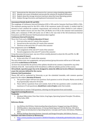 03092022
CO 2. Demonstrate the allocation of resources for a process using scheduling algorithm.
CO 3. Identify root causes of deadlock and provide the solution for deadlock elimination
CO 4. Explore about the storage structures and learn about the Linux Operating system.
CO 5. Analyze Storage Structures and Implement Customized Case study
Assessment Details (both CIE and SEE)
The weightage of Continuous Internal Evaluation (CIE) is 50% and for Semester End Exam (SEE) is 50%.
The minimum passing mark for the CIE is 40% of the maximum marks (20 marks). A student shall be
deemed to have satisfied the academic requirements and earned the credits allotted to each subject/
course if the student secures not less than 35% (18 Marks out of 50) in the semester-end examination
(SEE), and a minimum of 40% (40 marks out of 100) in the sum total of the CIE (Continuous Internal
Evaluation) and SEE (Semester End Examination) taken together
Continuous Internal Evaluation:
Three Unit Tests each of 20 Marks (duration 01 hour)
1. First test at the end of 5th week of the semester
2. Second test at the end of the 10th week of the semester
3. Third test at the end of the 15th week of the semester
Two assignments each of 10 Marks
4. First assignment at the end of 4th week of the semester
5. Second assignment at the end of 9th week of the semester
Group discussion/Seminar/quiz any one of three suitably planned to attain the COs and POs for 20
Marks (duration 01 hours)
6. At the end of the 13th week of the semester
The sum of three tests, two assignments, and quiz/seminar/group discussion will be out of 100 marks
and will be scaled down to 50 marks
(to have less stressed CIE, the portion of the syllabus should not be common /repeated for any of the
methods of the CIE. Each method of CIE should have a different syllabus portion of the course).
CIE methods /question paper has to be designed to attain the different levels of Bloom’s taxonomy
as per the outcome defined for the course.
Semester End Examination:
Theory SEE will be conducted by University as per the scheduled timetable, with common question
papers for the subject (duration 03 hours)
1. The question paper will have ten questions. Each question is set for 20 marks. Marks scored shall
be proportionally reduced to 50 marks
2. There will be 2 questions from each module. Each of the two questions under a module (with a
maximum of 3 sub-questions), should have a mix of topics under that module.
The students have to answer 5 full questions, selecting one full question from each module.
Suggested Learning Resources:
Textbooks
1. Abraham Silberschatz, Peter Baer Galvin, Greg Gagne, Operating System Principles 7th edition,
Wiley-India, 2006
Reference Books
1. Ann McHoes Ida M Fylnn, Understanding Operating System, Cengage Learning, 6th Edition
2. D.M Dhamdhere, Operating Systems: A Concept Based Approach 3rd Ed, McGraw- Hill, 2013.
3. P.C.P. Bhatt, An Introduction to Operating Systems: Concepts and Practice 4th Edition, PHI(EEE),
2014.
4. William Stallings Operating Systems: Internals and Design Principles, 6th Edition, Pearson.
Weblinks and Video Lectures (e-Resources):
1. https://www.youtube.com/watch?v=vBURTt97EkA&list=PLBlnK6fEyqRiVhbXDGLXDk_OQAeuV
cp2O
 