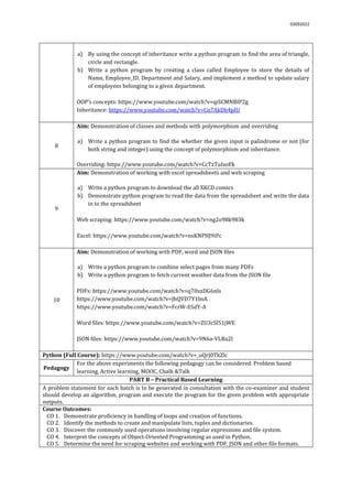 03092022
a) By using the concept of inheritance write a python program to find the area of triangle,
circle and rectangle.
b) Write a python program by creating a class called Employee to store the details of
Name, Employee_ID, Department and Salary, and implement a method to update salary
of employees belonging to a given department.
OOP’s concepts: https://www.youtube.com/watch?v=qiSCMNBIP2g
Inheritance: https://www.youtube.com/watch?v=Cn7AkDb4pIU
8
Aim: Demonstration of classes and methods with polymorphism and overriding
a) Write a python program to find the whether the given input is palindrome or not (for
both string and integer) using the concept of polymorphism and inheritance.
Overriding: https://www.youtube.com/watch?v=CcTzTuIsoFk
9
Aim: Demonstration of working with excel spreadsheets and web scraping
a) Write a python program to download the all XKCD comics
b) Demonstrate python program to read the data from the spreadsheet and write the data
in to the spreadsheet
Web scraping: https://www.youtube.com/watch?v=ng2o98k983k
Excel: https://www.youtube.com/watch?v=nsKNPHJ9iPc
10
Aim: Demonstration of working with PDF, word and JSON files
a) Write a python program to combine select pages from many PDFs
b) Write a python program to fetch current weather data from the JSON file
PDFs: https://www.youtube.com/watch?v=q70xzDG6nls
https://www.youtube.com/watch?v=JhQVD7Y1bsA
https://www.youtube.com/watch?v=FcrW-ESdY-A
Word files: https://www.youtube.com/watch?v=ZU3cSl51jWE
JSON files: https://www.youtube.com/watch?v=9N6a-VLBa2I
Python (Full Course): https://www.youtube.com/watch?v=_uQrJ0TkZlc
Pedagogy
For the above experiments the following pedagogy can be considered. Problem based
learning, Active learning, MOOC, Chalk &Talk
PART B – Practical Based Learning
A problem statement for each batch is to be generated in consultation with the co-examiner and student
should develop an algorithm, program and execute the program for the given problem with appropriate
outputs.
Course Outcomes:
CO 1. Demonstrate proficiency in handling of loops and creation of functions.
CO 2. Identify the methods to create and manipulate lists, tuples and dictionaries.
CO 3. Discover the commonly used operations involving regular expressions and file system.
CO 4. Interpret the concepts of Object-Oriented Programming as used in Python.
CO 5. Determine the need for scraping websites and working with PDF, JSON and other file formats.
 