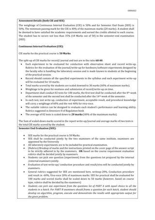 03092022
Assessment Details (both CIE and SEE)
The weightage of Continuous Internal Evaluation (CIE) is 50% and for Semester End Exam (SEE) is
50%. The minimum passing mark for the CIE is 40% of the maximum marks (20 marks). A student shall
be deemed to have satisfied the academic requirements and earned the credits allotted to each course.
The student has to secure not less than 35% (18 Marks out of 50) in the semester-end examination
(SEE).
Continuous Internal Evaluation (CIE):
CIE marks for the practical course is 50 Marks.
The split-up of CIE marks for record/ journal and test are in the ratio 60:40.
 Each experiment to be evaluated for conduction with observation sheet and record write-up.
Rubrics for the evaluation of the journal/write-up for hardware/software experiments designed by
the faculty who is handling the laboratory session and is made known to students at the beginning
of the practical session.
 Record should contain all the specified experiments in the syllabus and each experiment write-up
will be evaluated for 10 marks.
 Total marks scored by the students are scaled downed to 30 marks (60% of maximum marks).
 Weightage to be given for neatness and submission of record/write-up on time.
 Department shall conduct 02 tests for 100 marks, the first test shall be conducted after the 8th week
of the semester and the second test shall be conducted after the 14th week of the semester.
 In each test, test write-up, conduction of experiment, acceptable result, and procedural knowledge
will carry a weightage of 60% and the rest 40% for viva-voce.
 The suitable rubrics can be designed to evaluate each student’s performance and learning ability.
Rubrics suggested in Annexure-II of Regulation book
 The average of 02 tests is scaled down to 20 marks (40% of the maximum marks).
The Sum of scaled-down marks scored in the report write-up/journal and average marks of two tests is
the total CIE marks scored by the student.
Semester End Evaluation (SEE):
 SEE marks for the practical course is 50 Marks.
 SEE shall be conducted jointly by the two examiners of the same institute, examiners are
appointed by the University
 All laboratory experiments are to be included for practical examination.
 (Rubrics) Breakup of marks and the instructions printed on the cover page of the answer script
to be strictly adhered to by the examiners. OR based on the course requirement evaluation
rubrics shall be decided jointly by examiners.
 Students can pick one question (experiment) from the questions lot prepared by the internal
/external examiners jointly.
 Evaluation of test write-up/ conduction procedure and result/viva will be conducted jointly by
examiners.
 General rubrics suggested for SEE are mentioned here, writeup-20%, Conduction procedure
and result in -60%, Viva-voce 20% of maximum marks. SEE for practical shall be evaluated for
100 marks and scored marks shall be scaled down to 50 marks (however, based on course
type, rubrics shall be decided by the examiners)
 Students can pick one experiment from the questions lot of PART A with equal choice to all the
students in a batch. For PART B examiners should frame a question for each batch, student should
develop an algorithm, program, execute and demonstrate the results with appropriate output for
the given problem.
 