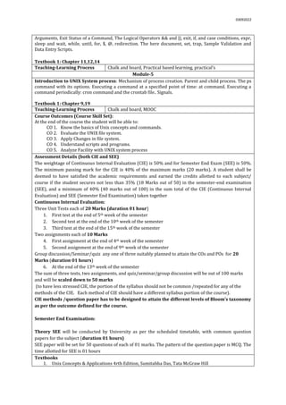 03092022
Arguments, Exit Status of a Command, The Logical Operators && and ||, exit, if, and case conditions, expr,
sleep and wait, while, until, for, $, @, redirection. The here document, set, trap, Sample Validation and
Data Entry Scripts.
Textbook 1: Chapter 11,12,14
Teaching-Learning Process Chalk and board, Practical based learning, practical’s
Module-5
Introduction to UNIX System process: Mechanism of process creation. Parent and child process. The ps
command with its options. Executing a command at a specified point of time: at command. Executing a
command periodically: cron command and the crontab file.. Signals.
Textbook 1: Chapter 9,19
Teaching-Learning Process Chalk and board, MOOC
Course Outcomes (Course Skill Set):
At the end of the course the student will be able to:
CO 1. Know the basics of Unix concepts and commands.
CO 2. Evaluate the UNIX file system.
CO 3. Apply Changes in file system.
CO 4. Understand scripts and programs.
CO 5. Analyze Facility with UNIX system process
Assessment Details (both CIE and SEE)
The weightage of Continuous Internal Evaluation (CIE) is 50% and for Semester End Exam (SEE) is 50%.
The minimum passing mark for the CIE is 40% of the maximum marks (20 marks). A student shall be
deemed to have satisfied the academic requirements and earned the credits allotted to each subject/
course if the student secures not less than 35% (18 Marks out of 50) in the semester-end examination
(SEE), and a minimum of 40% (40 marks out of 100) in the sum total of the CIE (Continuous Internal
Evaluation) and SEE (Semester End Examination) taken together
Continuous Internal Evaluation:
Three Unit Tests each of 20 Marks (duration 01 hour)
1. First test at the end of 5th week of the semester
2. Second test at the end of the 10th week of the semester
3. Third test at the end of the 15th week of the semester
Two assignments each of 10 Marks
4. First assignment at the end of 4th week of the semester
5. Second assignment at the end of 9th week of the semester
Group discussion/Seminar/quiz any one of three suitably planned to attain the COs and POs for 20
Marks (duration 01 hours)
6. At the end of the 13th week of the semester
The sum of three tests, two assignments, and quiz/seminar/group discussion will be out of 100 marks
and will be scaled down to 50 marks
(to have less stressed CIE, the portion of the syllabus should not be common /repeated for any of the
methods of the CIE. Each method of CIE should have a different syllabus portion of the course).
CIE methods /question paper has to be designed to attain the different levels of Bloom’s taxonomy
as per the outcome defined for the course.
Semester End Examination:
Theory SEE will be conducted by University as per the scheduled timetable, with common question
papers for the subject (duration 01 hours)
SEE paper will be set for 50 questions of each of 01 marks. The pattern of the question paper is MCQ. The
time allotted for SEE is 01 hours
Textbooks
1. Unix Concepts & Applications 4rth Edition, Sumitabha Das, Tata McGraw Hill
 