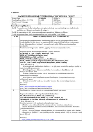 03092022
V Semester
DATABASE MANAGEMENT SYSTEMS LABORATORY WITH MINI PROJECT
Course Code 21CSL55 CIE Marks 50
Teaching Hours/Week (L:T:P: S) 0:0:2:0 SEE Marks 50
Total Hours of Pedagogy 24 Total Marks 100
Credits 01 Exam Hours 03
Course Learning Objectives:
CLO 1. Foundation knowledge in database concepts, technology and practice to groom students into
well-informed database application developers.
CLO 2. Strong practice in SQL programming through a variety of database problems.
CLO 3. Develop database applications using front-end tools and back-end DBMS..
Sl. No. PART-A: SQL Programming (Max. Exam Marks. 50)

 Design, develop, and implement the specified queries for the following problems using
Oracle, MySQL, MS SQL Server, or any other DBMS under LINUX/Windows environment.
 Create Schema and insert at least 5 records for each table. Add appropriate database
constraints.
1 Aim: Demonstrating creation of tables, applying the view concepts on the tables.
ProgramConsider the following schema for a Library Database:
BOOK(Book_id, Title, Publisher_Name, Pub_Year)
BOOK_AUTHORS(Book_id, Author_Name)
PUBLISHER(Name, Address, Phone)
BOOK_COPIES(Book_id, Programme_id, No-of_Copies)
BOOK_LENDING(Book_id, Programme_id, Card_No, Date_Out, Due_Date)
LIBRARY_PROGRAMME(Programme_id, Programme_Name, Address)
Write SQL queries to
1. Retrieve details of all books in the library – id, title, name of publisher, authors, number of
copies in each Programme, etc.
2. Get the particulars of borrowers who have borrowed more than 3 books, but
from Jan 2017 to Jun 2017.
3. Delete a book in BOOK table. Update the contents of other tables to reflect this
data manipulation operation.
4. Partition the BOOK table based on year of publication. Demonstrate its working
with a simple query.
5. Create a view of all books and its number of copies that are currently available in
the Library.
Reference:
https://www.youtube.com/watch?v=AaSU-AOguls
https://www.youtube.com/watch?v=-EwEvJxS-Fw
2 Aim: Discuss the various concepts on constraints and update operations.
Program: Consider the following schema for Order Database:
SALESMAN(Salesman_id, Name, City, Commission)
CUSTOMER(Customer_id, Cust_Name, City, Grade, Salesman_id)
ORDERS(Ord_No, Purchase_Amt, Ord_Date, Customer_id, Salesman_id)
Write SQL queries to
1. Count the customers with grades above Bangalore’s average.
2. Find the name and numbers of all salesman who had more than one customer.
3. List all the salesman and indicate those who have and don’t have customers in their cities
(Use UNION operation.)
4. Create a view that finds the salesman who has the customer with the highest order of a day.
5. Demonstrate the DELETE operation by removing salesman with id 1000. All his orders must
also be deleted.
Reference:
https://www.youtube.com/watch?v=AA-KL1jbMeY
 