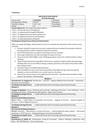 03092022
V Semester
ANGULAR JS AND NODE JS
(Practical based)
Course Code: 21CSL581 CIE Marks 50
Teaching Hours/Week 0:0:2:0 SEE Marks 50
Total No. of Hours 12T + 12P Total Marks 100
Credits 01 Exam Hours 02
Course Objectives: The student should be made to:
CLO 1. To learn the basics of Angular JS.
CLO 2. To understand the Angular JS Modules.
CLO 3. To implement Forms, inputs and Services
CLO 4. To implement Directives and Databases
CLO 5. To understand basics of Node JS.
Teaching-Learning Process (General Instructions)
These are sample Strategies, which teachers can use to accelerate the attainment of the various course
outcomes.
1. Lecturer method (L) need not to be only a traditional lecture method, but alternative effective
teaching methods could be adopted to attain the outcomes.
2. Use of Video/Animation to explain functioning of various concepts.
3. Encourage collaborative (Group Learning) Learning in the class.
4. Ask at least three HOT (Higher order Thinking) questions in the class, which promotes critical
thinking.
5. Adopt Problem Based Learning (PBL), which fosters students’ Analytical skills, develop design
thinking skills such as the ability to design, evaluate, generalize, and analyze information rather
than simply recall it.
6. Introduce Topics in manifold representations.
7. Show the different ways to solve the same problem with different logic and encourage the
students to come up with their own creative ways to solve them.
8. Discuss how every concept can be applied to the real world - and when that's possible, it helps
improve the students' understanding.
Module-1
Introduction To Angular JS: Introduction – Features – Angular JSModel-View-Controller – Expression -
Directives and Controllers.
Teaching-Learning Process Chalk and board, Active Learning, practical based learning
Module-2
Angular JS Modules: Arrays –Working with ng-model – Working with Forms – Form Validation – Error
Handling with Forms – Nested Forms with ng-form – Other Form Controls.
Teaching-Learning Process Chalk and board, Active Learning, practical based learning
Module-3
Directives& Building Databases:
Part I- Filters – Using Filters in Controllers and Services – Angular JS Services – Internal Angular JS
Services – Custom Angular JS Services
Teaching-Learning Process Chalk and board, Active Learning, practical based learning
Module-4
Directives& Building Databases:
Part-II- Directives – Alternatives to Custom Directives – Understanding the Basic options – Interacting
with Server –HTTP Services – Building Database, Front End and BackEnd
Teaching-Learning Process Chalk and board, Active Learning, practical based learning
Module-5
Introduction to NODE .JS: Introduction –Using the Terminals – Editors –Building a Webserver with
Node – The HTTPModule – Views and Layouts.
 