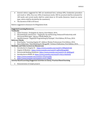 03092022
 General rubrics suggested for SEE are mentioned here, writeup-20%, Conduction procedure
and result in -60%, Viva-voce 20% of maximum marks. SEE for practical shall be evaluated for
100 marks and scored marks shall be scaled down to 50 marks (however, based on course
type, rubrics shall be decided by the examiners)
 The duration of SEE is 02 hours
Rubrics suggested in Annexure-II of Regulation book
Suggested Learning Resources:
Textbooks
1. Adam Freeman - ProAngular JS, Apress, First Edition, 2014.
2. ShyamSeshadri, Brad Green –“AngularJS: Up and Running: Enhanced Productivity with
Structured Web Apps”, Apress, O'Reilly Media, Inc.
3. AgusKurniawan–“AngularJS Programming by Example”, First Edition, PE Press, 2014.
Reference Books
1. Brad Dayley, “Learning Angular JS”, Addison-Wesley Professional, First Edition, 2014.
2. Steve Hoberman, “Data Modeling for MongoDB”, Technics Publication, First Edition, 2014..
Weblinks and Video Lectures (e-Resources):
1. Introduction to Angular JS : https://www.youtube.com/watch?v=HEbphzK-0xE
2. Angular JS Modules : https://www.youtube.com/watch?v=gWmOKmgnQkU
3. Directives& Building Databases: https://www.youtube.com/watch?v=R_okHflzgm0
4. Introduction to NODE .JS: https://www.youtube.com/watch?v=8u1o-OmOeGQ
5. https://www.youtube.com/watch?v=7F1nLajs4Eo
6. https://www.youtube.com/watch?v=t7x7c-x90FU
Activity Based Learning (Suggested Activities in Class)/ Practical Based learning
 Demonstration of simple projects
 
