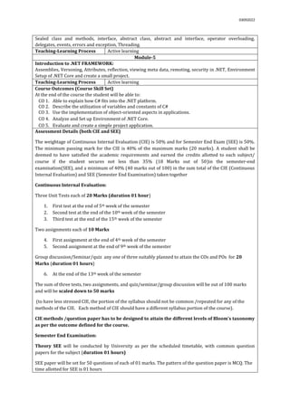 03092022
Sealed class and methods, interface, abstract class, abstract and interface, operator overloading,
delegates, events, errors and exception, Threading.
Teaching-Learning Process Active learning
Module-5
Introduction to .NET FRAMEWORK:
Assemblies, Versoning, Attributes, reflection, viewing meta data, remoting, security in .NET, Environment
Setup of .NET Core and create a small project.
Teaching-Learning Process Active learning
Course Outcomes (Course Skill Set)
At the end of the course the student will be able to:
CO 1. Able to explain how C# fits into the .NET platform.
CO 2. Describe the utilization of variables and constants of C#
CO 3. Use the implementation of object-oriented aspects in applications.
CO 4. Analyze and Set up Environment of .NET Core.
CO 5. Evaluate and create a simple project application.
Assessment Details (both CIE and SEE)
The weightage of Continuous Internal Evaluation (CIE) is 50% and for Semester End Exam (SEE) is 50%.
The minimum passing mark for the CIE is 40% of the maximum marks (20 marks). A student shall be
deemed to have satisfied the academic requirements and earned the credits allotted to each subject/
course if the student secures not less than 35% (18 Marks out of 50)in the semester-end
examination(SEE), and a minimum of 40% (40 marks out of 100) in the sum total of the CIE (Continuous
Internal Evaluation) and SEE (Semester End Examination) taken together
Continuous Internal Evaluation:
Three Unit Tests each of 20 Marks (duration 01 hour)
1. First test at the end of 5th week of the semester
2. Second test at the end of the 10th week of the semester
3. Third test at the end of the 15th week of the semester
Two assignments each of 10 Marks
4. First assignment at the end of 4th week of the semester
5. Second assignment at the end of 9th week of the semester
Group discussion/Seminar/quiz any one of three suitably planned to attain the COs and POs for 20
Marks (duration 01 hours)
6. At the end of the 13th week of the semester
The sum of three tests, two assignments, and quiz/seminar/group discussion will be out of 100 marks
and will be scaled down to 50 marks
(to have less stressed CIE, the portion of the syllabus should not be common /repeated for any of the
methods of the CIE. Each method of CIE should have a different syllabus portion of the course).
CIE methods /question paper has to be designed to attain the different levels of Bloom’s taxonomy
as per the outcome defined for the course.
Semester End Examination:
Theory SEE will be conducted by University as per the scheduled timetable, with common question
papers for the subject (duration 01 hours)
SEE paper will be set for 50 questions of each of 01 marks. The pattern of the question paper is MCQ. The
time allotted for SEE is 01 hours
 