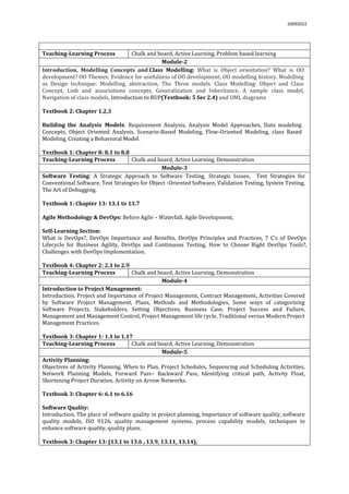 03092022
Teaching-Learning Process Chalk and board, Active Learning, Problem based learning
Module-2
Introduction, Modelling Concepts and Class Modelling: What is Object orientation? What is OO
development? OO Themes; Evidence for usefulness of OO development; OO modelling history. Modelling
as Design technique: Modelling, abstraction, The Three models. Class Modelling: Object and Class
Concept, Link and associations concepts, Generalization and Inheritance, A sample class model,
Navigation of class models, Introduction to RUP(Textbook: 5 Sec 2.4) and UML diagrams
Textbook 2: Chapter 1,2,3
Building the Analysis Models: Requirement Analysis, Analysis Model Approaches, Data modeling
Concepts, Object Oriented Analysis, Scenario-Based Modeling, Flow-Oriented Modeling, class Based
Modeling, Creating a Behavioral Model.
Textbook 1: Chapter 8: 8.1 to 8.8
Teaching-Learning Process Chalk and board, Active Learning, Demonstration
Module-3
Software Testing: A Strategic Approach to Software Testing, Strategic Issues, Test Strategies for
Conventional Software, Test Strategies for Object -Oriented Software, Validation Testing, System Testing,
The Art of Debugging.
Textbook 1: Chapter 13: 13.1 to 13.7
Agile Methodology & DevOps: Before Agile – Waterfall, Agile Development,
Self-Learning Section:
What is DevOps?, DevOps Importance and Benefits, DevOps Principles and Practices, 7 C’s of DevOps
Lifecycle for Business Agility, DevOps and Continuous Testing, How to Choose Right DevOps Tools?,
Challenges with DevOps Implementation.
Textbook 4: Chapter 2: 2.1 to 2.9
Teaching-Learning Process Chalk and board, Active Learning, Demonstration
Module-4
Introduction to Project Management:
Introduction, Project and Importance of Project Management, Contract Management, Activities Covered
by Software Project Management, Plans, Methods and Methodologies, Some ways of categorizing
Software Projects, Stakeholders, Setting Objectives, Business Case, Project Success and Failure,
Management and Management Control, Project Management life cycle, Traditional versus Modern Project
Management Practices.
Textbook 3: Chapter 1: 1.1 to 1.17
Teaching-Learning Process Chalk and board, Active Learning, Demonstration
Module-5
Activity Planning:
Objectives of Activity Planning, When to Plan, Project Schedules, Sequencing and Scheduling Activities,
Network Planning Models, Forward Pass– Backward Pass, Identifying critical path, Activity Float,
Shortening Project Duration, Activity on Arrow Networks.
Textbook 3: Chapter 6: 6.1 to 6.16
Software Quality:
Introduction, The place of software quality in project planning, Importance of software quality, software
quality models, ISO 9126, quality management systems, process capability models, techniques to
enhance software quality, quality plans.
Textbook 3: Chapter 13: (13.1 to 13.6 , 13.9, 13.11, 13.14),
 