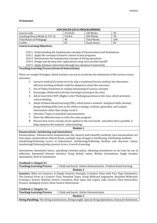 03092022
VI Semester
ADVANCED JAVA PROGRAMMING
Course Code 21CS642 CIE Marks 50
Teaching Hours/Week (L:T:P: S) 3:0:0:0 SEE Marks 50
Total Hours of Pedagogy 40 Total Marks 100
Credits 03 Exam Hours 03
Course Learning Objectives
CLO 1. Understanding the fundamental concepts of Enumerations and Annotations
CLO 2. Apply the concepts of Generic classes in Java programs
CLO 3. Demonstrate the fundamental concepts of String operations
CLO 4. Design and develop web applications using Java servlets and JSP
CLO 5. Apply database interaction through Java database Connectivity
Teaching-Learning Process (General Instructions)
These are sample Strategies, which teachers can use to accelerate the attainment of the various course
outcomes.
1. Lecturer method (L) need not to be only a traditional lecture method, but alternative
effective teaching methods could be adopted to attain the outcomes.
2. Use of Video/Animation to explain functioning of various concepts.
3. Encourage collaborative (Group Learning) Learning in the class.
4. Ask at least three HOT (Higher order Thinking) questions in the class, which promotes
critical thinking.
5. Adopt Problem Based Learning (PBL), which fosters students’ Analytical skills, develop
design thinking skills such as the ability to design, evaluate, generalize, and analyze
information rather than simply recall it.
6. Introduce Topics in manifold representations.
7. Show the different ways to solve the same program
8. Discuss how every concept can be applied to the real world - and when that's possible, it
helps improve the students' understanding.
Module-1
Enumerations, Autoboxing and Annotations:
Enumerations, Ednumeration fundamentals, the values() and valueOf() methods, Java enumerations are
class types, enumerations inherits Enum, example, type wrappers, Autoboxing, Autoboxing methods,
Autoboxing/Unboxing occurs in Expressions, Autoboxing/Unboxing, Boolean and character values,
Autoboxing/Unboxing helps prevent errors, A word of warning
Annotations, Annotation basics, specifying retention policy, obtaining annotations at run time by use of
reflection, Annotated element interface, Using default values, Marker Annotations, Single member
annotations, Built in annotations
Textbook 1: Chapter12
Teaching-Learning Process Chalk and board, Online demonstration, Problem based learning
Module-2
Generics: What are Generics, A Simple Generics Example, A Generic Class with Two Type Parameters,
The General Form of a Generic Class, Bounded Types, Using Wildcard Arguments, Bounded Wildcards,
Creating a Generic Method, Generic Interfaces, Raw types and Legacy code, Generic Class Hierarchies,
Erasure, Ambiguity errors, Some Generic Restrictions
Textbook 1: Chapter 14
Teaching-Learning Process Chalk and board, Online Demonstration
Module-3
String Handling: The String Constructors, String Length, Special String Operations, Character Extraction,
 