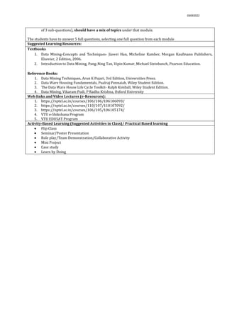 03092022
of 3 sub-questions), should have a mix of topics under that module.
The students have to answer 5 full questions, selecting one full question from each module.
Suggested Learning Resources:
Textbooks
1. Data Mining-Concepts and Techniques- Jiawei Han, Micheline Kamber, Morgan Kaufmann Publishers,
Elsevier, 2 Edition, 2006.
2. Introduction to Data Mining, Pang-Ning Tan, Vipin Kumar, Michael Steinbanch, Pearson Education.
Reference Books:
1. Data Mining Techniques, Arun K Pujari, 3rd Edition, Universities Press.
2. Data Ware Housing Fundamentals, Pualraj Ponnaiah, Wiley Student Edition.
3. The Data Ware House Life Cycle Toolkit- Ralph Kimball, Wiley Student Edition.
4. Data Mining, Vikaram Pudi, P Radha Krishna, Oxford University
Web links and Video Lectures (e-Resources):
1. https://nptel.ac.in/courses/106/106/106106093/
2. https://nptel.ac.in/courses/110/107/110107092/
3. https://nptel.ac.in/courses/106/105/106105174/
4. VTU e-Shikshana Program
5. VTU EDUSAT Program
Activity-Based Learning (Suggested Activities in Class)/ Practical Based learning
 Flip Class
 Seminar/Poster Presentation
 Role play/Team Demonstration/Collaborative Activity
 Mini Project
 Case study
 Learn by Doing
 