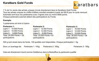 Karatbars Gold Fonds 
1 % de l'or vendu des achats uniques circule directement dans le Karatbars Gold Fonds. 
Tous les achats uniques du chiffre d'affaire mondial comptent à partir de 500 € pour le cycle mensuel. 
Autorisés sont tous nos partenaires avec 3 lignes avec au moins 9000 points. 
Chaque partenaire autorisé obtient des participations du Fonds. 
Exemple: 
3 partenaires ont droit à l'option. 
Partenaire 1: 
Ligne 1: 10.000 Points 
Ligne 2: 10.000 Points 
Ligne 3: 9.000 Points 
Total: 29.000 Points = 29 
participations 
Partenaire 2: 
Ligne 1: 12.000 Points 
Ligne 2: 12.000 Points 
Ligne 3: 9.000 Points 
Total: 33.000 Points =33 
participations 
Partenaire 3: 
Ligne 1: 16.000 Points 
Ligne 2: 12.000 Points 
Ligne 3: 10.000 Points 
Total: 38.000 Points = 38 
participations 
500 g sont situés dans les fonds, 100 quotités sont disponibles. Chaque participation = 5g. 
Donc un avantage de: Partenaire 1: 145g; Partenaire 2: 165g; Partenaire 3: 190g 
Cela est directement inscrit comme Goldbonus dans le Backoffice du partenaire qualifié. 
 