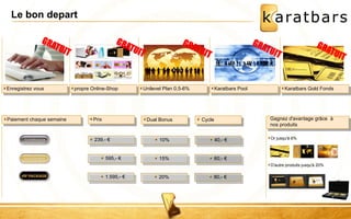 Le bon depart 
Enregistrez vous 
propre Online-Shop 
Unilevel Plan 0,5-6% 
Karatbars Pool 
Karatbars Gold Fonds 
Gagnez d'avantage grâce à 
nos produits 
Or jusqu'à 6% 
D'autre produits jusqu'à 20% 
Paiement chaque semaine 
P Prix 
Dual Bonus 
Cycle 
239,- € 
10% 
40,- € 
595,- € 
15% 
60,- € 
1.595,- € 
20% 
80,- € 
 