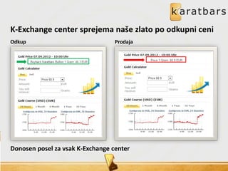 K-Exchange center sprejema naše zlato po odkupni ceni
Odkup Prodaja
Donosen posel za vsak K-Exchange center
 