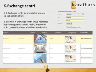 1. K-Exchange centri so brezplačno vneseni
na naši spletni strani
2. Business K-Exchange centri imajo naslednje
dodatne ugodnosti: vnos 10 slik, prednostni
prikaz, paket Business, zlate bonusne kartice
K-Exchange centri
 