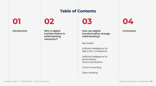 Table of Contents
01
Introduction
02
Why is digital
transformation in
retail banking
necessary?
03
How can digital
transfo...