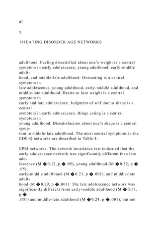 dl
y.
181EATING DISORDER AGE NETWORKS
adulthood. Feeling dissatisfied about one’s weight is a central
symptom in early adolescence, young adulthood, early-middle
adult-
hood, and middle-late adulthood. Overeating is a central
symptom in
late adolescence, young adulthood, early-middle adulthood, and
middle-late adulthood. Desire to lose weight is a central
symptom in
early and late adolescence. Judgment of self due to shape is a
central
symptom in early adolescence. Binge eating is a central
symptom in
young adulthood. Dissatisfaction about one’s shape is a central
symp-
tom in middle-late adulthood. The most central symptoms in the
EDE-Q networks are described in Table 4.
EPSI networks. The network invariance test indicated that the
early adolescence network was significantly different than late
ado-
lescence (M � 0.12, p � .05), young adulthood (M � 0.52, p �
.05),
early-middle adulthood (M � 0.23, p � .001), and middle-late
adult-
hood (M � 0.29, p � .001). The late adolescence network was
significantly different from early-middle adulthood (M � 0.17,
p �
.001) and middle-late adulthood (M � 0.24, p � .001), but not
 