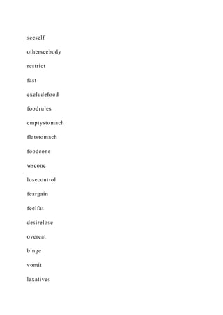 seeself
otherseebody
restrict
fast
excludefood
foodrules
emptystomach
flatstomach
foodconc
wsconc
losecontrol
feargain
feelfat
desirelose
overeat
binge
vomit
laxatives
 