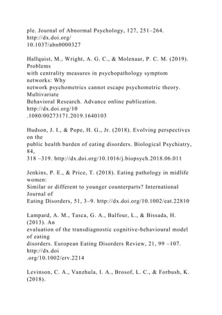 ple. Journal of Abnormal Psychology, 127, 251–264.
http://dx.doi.org/
10.1037/abn0000327
Hallquist, M., Wright, A. G. C., & Molenaar, P. C. M. (2019).
Problems
with centrality measures in psychopathology symptom
networks: Why
network psychometrics cannot escape psychometric theory.
Multivariate
Behavioral Research. Advance online publication.
http://dx.doi.org/10
.1080/00273171.2019.1640103
Hudson, J. I., & Pope, H. G., Jr. (2018). Evolving perspectives
on the
public health burden of eating disorders. Biological Psychiatry,
84,
318 –319. http://dx.doi.org/10.1016/j.biopsych.2018.06.011
Jenkins, P. E., & Price, T. (2018). Eating pathology in midlife
women:
Similar or different to younger counterparts? International
Journal of
Eating Disorders, 51, 3–9. http://dx.doi.org/10.1002/eat.22810
Lampard, A. M., Tasca, G. A., Balfour, L., & Bissada, H.
(2013). An
evaluation of the transdiagnostic cognitive-behavioural model
of eating
disorders. European Eating Disorders Review, 21, 99 –107.
http://dx.doi
.org/10.1002/erv.2214
Levinson, C. A., Vanzhula, I. A., Brosof, L. C., & Forbush, K.
(2018).
 