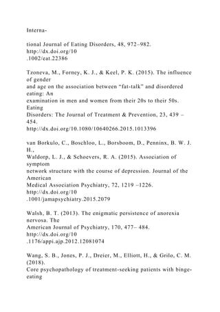 Interna-
tional Journal of Eating Disorders, 48, 972–982.
http://dx.doi.org/10
.1002/eat.22386
Tzoneva, M., Forney, K. J., & Keel, P. K. (2015). The influence
of gender
and age on the association between “fat-talk” and disordered
eating: An
examination in men and women from their 20s to their 50s.
Eating
Disorders: The Journal of Treatment & Prevention, 23, 439 –
454.
http://dx.doi.org/10.1080/10640266.2015.1013396
van Borkulo, C., Boschloo, L., Borsboom, D., Penninx, B. W. J.
H.,
Waldorp, L. J., & Schoevers, R. A. (2015). Association of
symptom
network structure with the course of depression. Journal of the
American
Medical Association Psychiatry, 72, 1219 –1226.
http://dx.doi.org/10
.1001/jamapsychiatry.2015.2079
Walsh, B. T. (2013). The enigmatic persistence of anorexia
nervosa. The
American Journal of Psychiatry, 170, 477– 484.
http://dx.doi.org/10
.1176/appi.ajp.2012.12081074
Wang, S. B., Jones, P. J., Dreier, M., Elliott, H., & Grilo, C. M.
(2018).
Core psychopathology of treatment-seeking patients with binge-
eating
 