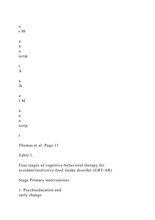 o
r M
a
n
u
scrip
t
A
u
th
o
r M
a
n
u
scrip
t
Thomas et al. Page 11
Table 1.
Four stages of cognitive-behavioral therapy for
avoidant/restrictive food intake disorder (CBT-AR)
Stage Primary interventions
1. Psychoeducation and
early change
 