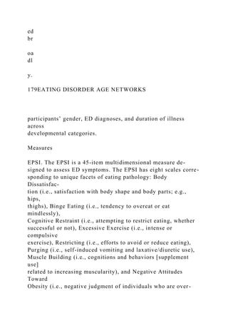 ed
br
oa
dl
y.
179EATING DISORDER AGE NETWORKS
participants’ gender, ED diagnoses, and duration of illness
across
developmental categories.
Measures
EPSI. The EPSI is a 45-item multidimensional measure de-
signed to assess ED symptoms. The EPSI has eight scales corre-
sponding to unique facets of eating pathology: Body
Dissatisfac-
tion (i.e., satisfaction with body shape and body parts; e.g.,
hips,
thighs), Binge Eating (i.e., tendency to overeat or eat
mindlessly),
Cognitive Restraint (i.e., attempting to restrict eating, whether
successful or not), Excessive Exercise (i.e., intense or
compulsive
exercise), Restricting (i.e., efforts to avoid or reduce eating),
Purging (i.e., self-induced vomiting and laxative/diuretic use),
Muscle Building (i.e., cognitions and behaviors [supplement
use]
related to increasing muscularity), and Negative Attitudes
Toward
Obesity (i.e., negative judgment of individuals who are over-
 