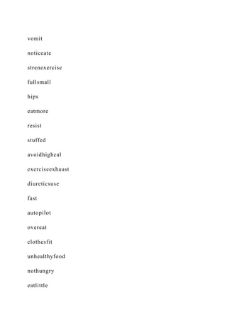 vomit
noticeate
strenexercise
fullsmall
hips
eatmore
resist
stuffed
avoidhighcal
exerciseexhaust
diureticsuse
fast
autopilot
overeat
clothesfit
unhealthyfood
nothungry
eatlittle
 