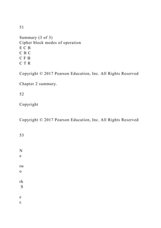 51
Summary (3 of 3)
Cipher block modes of operation
E C B
C B C
C F B
C T R
Copyright © 2017 Pearson Education, Inc. All Rights Reserved
Chapter 2 summary.
52
Copyright
Copyright © 2017 Pearson Education, Inc. All Rights Reserved
53
N
e
tw
o
rk
S
e
c
 