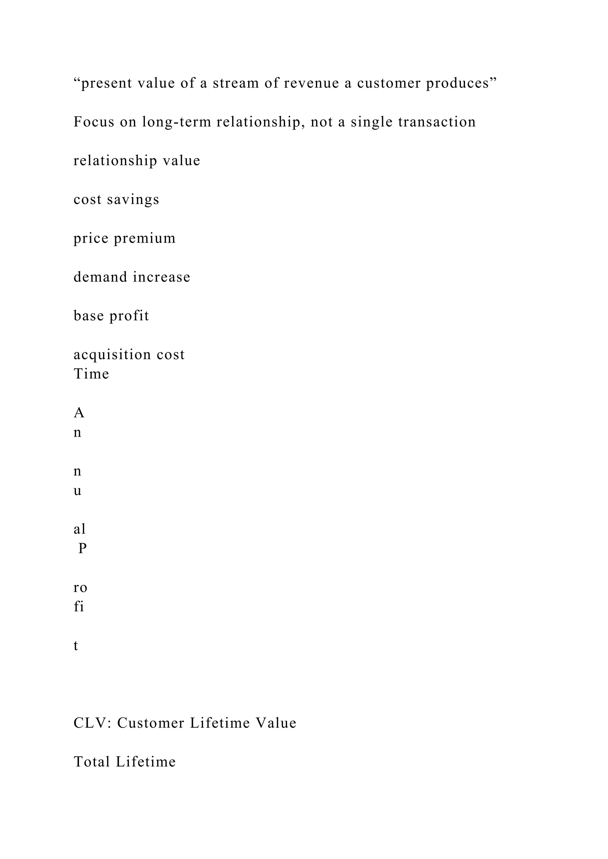 “present value of a stream of revenue a customer produces”
Focus on long-term relationship, not a single transaction
relationship value
cost savings
price premium
demand increase
base profit
acquisition cost
Time
A
n
n
u
al
P
ro
fi
t
CLV: Customer Lifetime Value
Total Lifetime
 