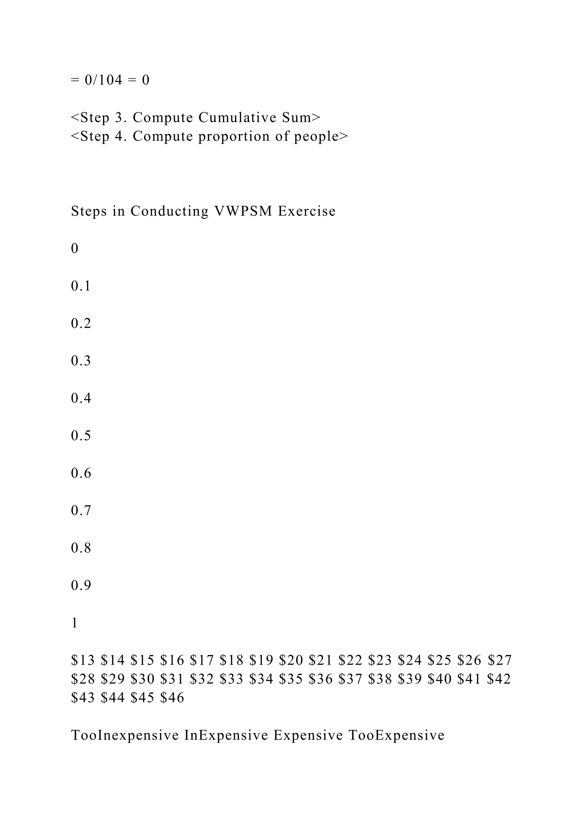 = 0/104 = 0
<Step 3. Compute Cumulative Sum>
<Step 4. Compute proportion of people>
Steps in Conducting VWPSM Exercise
0
0.1
0.2
0.3
0.4
0.5
0.6
0.7
0.8
0.9
1
$13 $14 $15 $16 $17 $18 $19 $20 $21 $22 $23 $24 $25 $26 $27
$28 $29 $30 $31 $32 $33 $34 $35 $36 $37 $38 $39 $40 $41 $42
$43 $44 $45 $46
TooInexpensive InExpensive Expensive TooExpensive
 