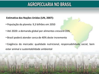 Estimativa das Nações Unidas (UN, 2007):
• População do planeta: 9,3 bilhões em 2050
• Até 2020: a demanda global por alimentos crescerá 20%
• Brasil poderá atender cerca de 40% deste incremento
• Exigência do mercado: qualidade nutricional, responsabilidade social, bem
estar animal e sustentabilidade ambiental
 