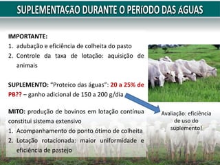 IMPORTANTE:
1. adubação e eficiência de colheita do pasto
2. Controle da taxa de lotação: aquisição de
animais
SUPLEMENTO: “Proteico das águas”: 20 a 25% de
PB?? – ganho adicional de 150 a 200 g/dia
MITO: produção de bovinos em lotação contínua
constitui sistema extensivo
1. Acompanhamento do ponto ótimo de colheita
2. Lotação rotacionada: maior uniformidade e
eficiência de pastejo
Avaliação: eficiência
de uso do
suplemento!
 