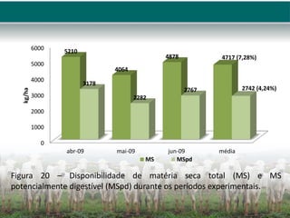 Figura 20 – Disponibilidade de matéria seca total (MS) e MS
potencialmente digestível (MSpd) durante os períodos experimentais.
0
1000
2000
3000
4000
5000
6000
abr-09 mai-09 jun-09 média
5210
4064
4878 4717 (7,28%)
3178
2282
2767 2742 (4,24%)
kg/ha
MS MSpd
 