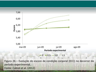 5,00
5,40
5,80
6,20
6,60
7,00
mai-09 jun-09 jul-09 ago-09
Escore
Período experimental
0 0,5 1,0 1,5
Figura 26 – Evolução do escore de condição corporal (ECC) no decorrer do
período experimental.
Fonte: Cabral et al. (2012)
 