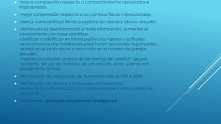  -mayor comprensión respecto a comportamientos apropiados e
inapropiados.
 -mejor comprensión respecto a los cambios físicos y emocionales.
 -menor vulnerabilidad frente a explotación sexual y abusos sexuales.
 -disminuyen la desinformación o mala información, aumentar el
conocimiento con base científica.
-clarifican y solidifican en forma positiva los valores y actitudes.
-se incrementan las habilidades para tomar decisiones responsables.
-retraso en el inicio sexual y reducción en el número de parejas
sexuales.
-mejorar percepción acerca de las normas de “presión” grupal.
-aumento del uso de métodos de prevención, entre quienes son
sexualmente activos.
 -disminución de infecciones de transmisión sexual, VIH & SIDA.
 -disminución de abortos y embarazos no deseados.
-aumenta la comunicación con padres/madres y otros adultos de
confianza.
 -en resumen ¡personas sexualmente inteligentes!
 