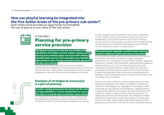 18 Learning through play Strengthening learning through play in early childhood education programmes
ACTION AREA 1
Planning for pre-primary
service provision
Providing pre-primary services that are available and
affordable to all families and their children requires careful
planning that prioritizes equity and ensure that children,
especially those who are most vulnerable, have equitable
opportunities to learn through developmentally appropriate
activities and materials.
Emphasizing learning through play as a pre-primary teaching
methodology has implications for the sub-sector’s financial, human and
physical resources. Implementing a play-focused vision also requires
regulations on class size that take this methodology into account.
Examples of strategies to ensure play
is a part of planning
Consider existing governance structures and the roles
and responsibilities of various stakeholders to ensure
that there is a shared vision around the value of play.
It is important to ensure that the value of play is recognized and
acknowledged by stakeholders across all governance levels and
ministerial branches. Pre-primary expansion planning, for example,
How can playful learning be integrated into
the five Action Areas of the pre-primary sub-sector?
Each Action Area provides an opportunity to strengthen
the use of play as a core value of the sub-sector.
is often managed by planning officers in the ministry of education
(or other relevant ministry) while teacher training and curriculum
development is led by other branches in the ministry. Sharing a
common vision for the pre-primary sub-sector which includes learning
through play enhances coordination and planning across relevant
ministry branches to support its implementation.
When planning for expansion, consider human resources
needed to implement quality play-based programmes.
It is important to consider national, sub-national and local needs for
all personnel required for the delivery of quality play-based
programmes (e.g., sub-national and local officials, teachers, specialists,
supervisors, principals, technical experts, quality assurance inspectors,
building engineers, etc.). This involves planning for appropriate
class sizes and teacher-child ratios. Requirements for class sizes
and teacher-child ratios should be based on the number of children
a teacher can effectively support using active, play-based learning
methods. A recommended class size is no more than 25 children with
one teacher and one assistant.
However, the reality is that many current programmes do not meet
these recommendations. This makes it very difficult for teachers to
implement methodologies (e.g., language-rich conversations, indoor
corner play, etc.) that promote child development. Possible solutions
include dividing children into two groups (of 25-30 children each) that
rotate from outdoor to indoor activities under the supervision of a
teacher and community teacher assistant. This arrangement enables
25 children to have access to corner play materials, and small group
sizes for circle time, while 25 others enjoy outdoor play and a small
group activity such as story time with the community teacher assistant.
 