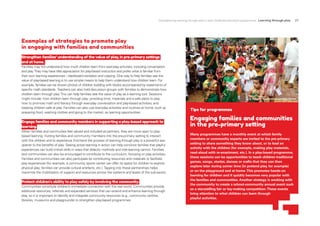 Strengthening learning through play in early childhood education programmes Learning through play 27
Examples of strategies to promote play
in engaging with families and communities
Strengthen families’ understanding of the value of play, in pre-primary settings
and at home.
Families may not understand how much children learn from everyday activities; including conversation
and play.They may have little appreciation for play-based instruction and prefer what is familiar from
their own learning experiences – blackboard recitation and copying. One way to help families see the
value of play-based learning is to use simple means to help them understand how children learn. For
example, families can be shown photos of children building with blocks accompanied by statements of
specific math standards. Teachers can also hold discussion groups with families to demonstrate how
children learn through play.This can help families see the value of play as a learning tool. Sessions
might include: how children learn through play; providing time, materials and a safe place to play;
how to promote math and literacy through everyday conversation and play-based activities; and
keeping children safe at play. Families can also use everyday activities and routines at home, such as
preparing food, washing clothes and going to the market, as learning opportunities.
Engage families and community members in supporting a play-based approach to
learning.
When families and commuities feel valued and included as partners, they are more open to play-
based learning. Inviting families and community members into the pre-primary setting to interact
with the children and to experience first-hand the process of learning through play is a powerful eye-
opener to the benefits of play. Seeing active learning in action can help convince families that playful
experiences can build critical skills in ways that didactic methods and rote learning cannot. Families
and communities can also be encouraged to contribute to the curriculum, focusing on play activities.
Families and communities can also participate by contributing resources and materials to facilitate
play experiences (for example, a community sports center can offer its space for children to explore
physical play; families can provide cultural artefacts; etc.).Tapping into these partnerships helps
maximize the mobilization of support and resources across the systems and levels of the sub-sector.
Protect children’s ability to play safely by involving the community.
Communities constitute children’s immediate connection with the real world. Communities provide
additional resources, referrals and expanded services that can extend and enhance learning through
play, so it is important to identify and integrate community resources (e.g., community centres,
libraries, museums and playgrounds) to strengthen play-based programmes.
Image by Hippocampus Learning Centres
Tips for programmes
Engaging families and communities
in the pre-primary setting
Many programmes have a monthly event at which family
members or community experts are invited to the pre-primary
setting to share something they know about, or to lead an
activity with the children (for example, making play materials,
read-aloud with re-enactment, etc.). In a play-based programme,
these sessions can be opportunities to teach children traditional
games, songs, stories, dances or crafts that they can then
explore later during corner time (in pretend play, for example)
or on the playground and at home.This promotes hands-on
learning for children and it quickly becomes very popular with
the families and communities. Another strategy is working with
the community to create a school-community annual event such
as a storytelling fair or toy-making competition.These events
bring attention to what children can learn through
playful activities.
 