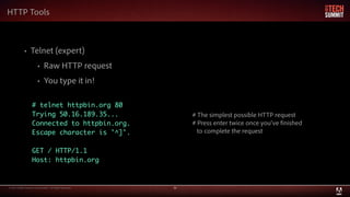 © 2013 Adobe Systems Incorporated. All Rights Reserved. 31
HTTP Tools
• Telnet (expert)
• Raw HTTP request
• You type it in!
# telnet httpbin.org 80
Trying 50.16.189.35...
Connected to httpbin.org.
Escape character is '^]'.
GET / HTTP/1.1
Host: httpbin.org
# The simplest possible HTTP request
# Press enter twice once you've finished
to complete the request
 