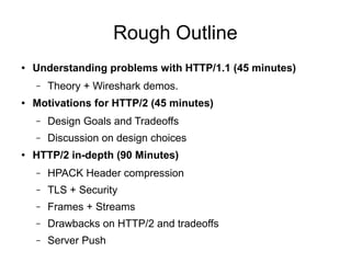 Rough Outline
● Understanding problems with HTTP/1.1 (45 minutes)
– Theory + Wireshark demos.
● Motivations for HTTP/2 (45 minutes)
– Design Goals and Tradeoffs
– Discussion on design choices
● HTTP/2 in-depth (90 Minutes)
– HPACK Header compression
– TLS + Security
– Frames + Streams
– Drawbacks on HTTP/2 and tradeoffs
– Server Push
 