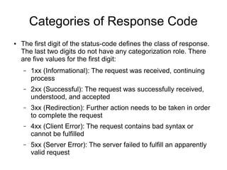 Categories of Response Code
● The first digit of the status-code defines the class of response.
The last two digits do not have any categorization role. There
are five values for the first digit:
– 1xx (Informational): The request was received, continuing
process
– 2xx (Successful): The request was successfully received,
understood, and accepted
– 3xx (Redirection): Further action needs to be taken in order
to complete the request
– 4xx (Client Error): The request contains bad syntax or
cannot be fulfilled
– 5xx (Server Error): The server failed to fulfill an apparently
valid request
 