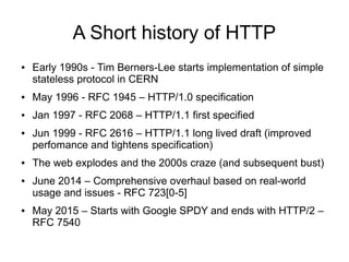 A Short history of HTTP
● Early 1990s - Tim Berners-Lee starts implementation of simple
stateless protocol in CERN
● May 1996 - RFC 1945 – HTTP/1.0 specification
● Jan 1997 - RFC 2068 – HTTP/1.1 first specified
● Jun 1999 - RFC 2616 – HTTP/1.1 long lived draft (improved
perfomance and tightens specification)
● The web explodes and the 2000s craze (and subsequent bust)
● June 2014 – Comprehensive overhaul based on real-world
usage and issues - RFC 723[0-5]
● May 2015 – Starts with Google SPDY and ends with HTTP/2 –
RFC 7540
 