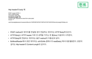 힌트
• POST method로 데이터를 전달할 경우 전달하는 데이터는 HTTP Body에 담긴다.
• HTTP Body는 HTTP header 이후 빈 공백을 가지는 한 줄(line) 다음부터 시작한다.
• HTTP Body에 전달되는 데이터는 GET method의 이름/값과 같다.
• BufferedReader에서 본문 데이터는 util.IOUtils 클래스의 readData() 메서드를 활용한다. 본문의
길이는 http header의 Content-Length의 값이다.
http header와 body 예
POST /create HTTP/1.1
Host: localhost:8080
Connection: keep-alive
Content-Length: 59
Content-Type: application/x-www-form-urlencoded
Accept: */*
userId=javajigi&password=password&name=%EB%B0%95%EC%9E%AC%EC%84%B1&email=javajigi%40slipp.net
 