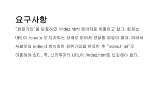 요구사항
“회원가입”을 완료하면 /index.html 페이지로 이동하고 싶다. 현재는
URL이 /create 로 유지되는 상태로 읽어서 전달할 파일이 없다. 따라서
서블릿의 redirect 방식처럼 회원가입을 완료한 후 “index.html”로
이동해야 한다. 즉, 브라우저의 URL이 /index.html로 변경해야 한다.
 