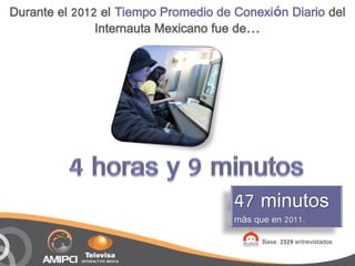 Durante el 2012 el Tiempo Promedio de Conexión Diario del
               Internauta Mexicano fue de…




                                      47 minutos
                                      más que en 2011.

                                            Base: 2329 entrevistados
 