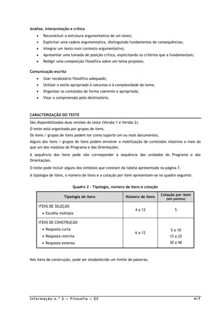 Análise, interpretação e crítica
    •     Reconstituir a estrutura argumentativa de um texto;
    •     Explicitar uma cadeia argumentativa, distinguindo fundamentos de consequências;
    •     Integrar um texto num contexto argumentativo;
    •     Apresentar uma tomada de posição crítica, explicitando os critérios que a fundamentam;
    •     Redigir uma composição filosófica sobre um tema proposto.

Comunicação escrita
    •     Usar vocabulário filosófico adequado;
    •     Utilizar o estilo apropriado à natureza e à complexidade do tema;
    •     Organizar os conteúdos de forma coerente e apropriada;
    •     Visar a compreensão pelo destinatário.



CARACTERIZAÇÃO DO TESTE

São disponibilizadas duas versões do teste (Versão 1 e Versão 2).
O teste está organizado por grupos de itens.
Os itens / grupos de itens podem ter como suporte um ou mais documentos.
Alguns dos itens / grupos de itens podem envolver a mobilização de conteúdos relativos a mais do
que um dos módulos do Programa e das Orientações.
A sequência dos itens pode não corresponder à sequência das unidades do Programa e das
Orientações.
O teste pode incluir alguns dos símbolos que constam da tabela apresentada na página 7.
A tipologia de itens, o número de itens e a cotação por item apresentam-se no quadro seguinte.


                            Quadro 2 – Tipologia, número de itens e cotação

                                                                              Cotação por item
                      Tipologia de itens                  Número de itens
                                                                                (em pontos)

        ITENS DE SELEÇÃO
                                                                4 a 12               5
         • Escolha múltipla

        ITENS DE CONSTRUÇÃO
         • Resposta curta                                                          5 a 10
                                                                6 a 12
         • Resposta restrita                                                      15 a 25
         • Resposta extensa                                                       30 a 40



Nos itens de construção, pode ser estabelecido um limite de palavras.




Informação n.º 2 — Filosofia — ES                                                                4/7
 