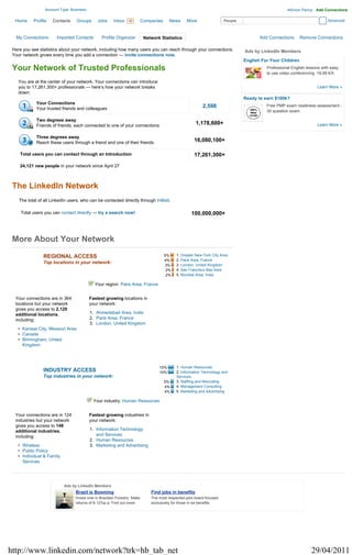 Account Type: Business                                                                                                              Simon Penny Add Connections

  Home     Profile   Contacts     Groups      Jobs     Inbox 98           Companies     News     More                 People                                             Advanced



   My Connections      Imported Contacts        Profile Organizer          Network Statistics                                         Add Connections      Remove Connections

 Here you see statistics about your network, including how many users you can reach through your connections.                  Ads by LinkedIn Members
 Your network grows every time you add a connection — invite connections now.
                                                                                                                               English For Your Children
 Your Network of Trusted Professionals                                                                                                   Professional English lessons with easy
                                                                                                                                         to use video conferencing. 19,99 €/h

    You are at the center of your network. Your connections can introduce
    you to 17,261,300+ professionals — here’s how your network breaks                                                                                              Learn More »
    down:
                                                                                                                               Ready to earn $100k?
            Your Connections
            Your trusted friends and colleagues                                                           2,598                          Free PMP exam readiness assessment -
                                                                                                                                         30 question exam.

            Two degrees away
            Friends of friends; each connected to one of your connections                             1,178,600+                                                   Learn More »

            Three degrees away
            Reach these users through a friend and one of their friends                               16,080,100+

    Total users you can contact through an Introduction                                               17,261,300+
    24,121 new people in your network since April 27



 The LinkedIn Network
    The total of all LinkedIn users, who can be contacted directly through InMail.

     Total users you can contact directly — try a search now!                                       100,000,000+



 More About Your Network
                REGIONAL ACCESS                                                       5%    1. Greater New York City Area
                                                                                      4%    2. Paris Area, France
                Top locations in your network:
                                                                                      3%    3. London, United Kingdom
                                                                                       2%   4. San Francisco Bay Area
                                                                                       2%   5. Mumbai Area, India

                                            Your region: Paris Area, France


  Your connections are in 364             Fastest growing locations in
  locations but your network              your network:
  gives you access to 2,120
  additional locations,                   1. Ahmedabad Area, India
  including:                              2. Paris Area, France
                                          3. London, United Kingdom
   • Kansas City, Missouri Area
   • Canada
   • Birmingham, United
     Kingdom



                                                                                  10%       1. Human Resources
                INDUSTRY ACCESS                                                   10%       2. Information Technology and
                Top industries in your network:                                             Services
                                                                                      5%    3. Staffing and Recruiting
                                                                                      4%    4. Management Consulting
                                                                                      4%    5. Marketing and Advertising

                                           Your industry: Human Resources


  Your connections are in 124             Fastest growing industries in
  industries but your network             your network:
  gives you access to 148
  additional industries,                  1. Information Technology
  including:                                 and Services
                                          2. Human Resources
   • Wireless                             3. Marketing and Advertising
   • Public Policy
   • Individual & Family
     Services




                           Ads by LinkedIn Members
                                 Brazil is Booming                            Find jobs in benefits
                                 Invest now in Brazilian Forestry. Make       The most respected jobs board focused
                                 returns of 8-12%p.a. Find out more.          exclusively for those in ee benefits




http://www.linkedin.com/network?trk=hb_tab_net                                                                                                                  29/04/2011
 