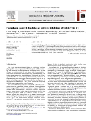 Bioorganic & Medicinal Chemistry 17 (2009) 6073–6084



                                                                  Contents lists available at ScienceDirect


                                                     Bioorganic & Medicinal Chemistry
                                                    journal homepage: www.elsevier.com/locate/bmc




Fascaplysin-inspired diindolyls as selective inhibitors of CDK4/cyclin D1
Carine Aubry a, A. James Wilson a, Daniel Emmerson a, Emma Murphy a, Yu Yam Chan a, Michael P. Dickens a,
Marcos D. García a,*, Paul R. Jenkins a,*, Sachin Mahale b, , Bhabatosh Chaudhuri b, 
a
    Department of Chemistry, University of Leicester, Leicester, LE1 7RH, UK
b
    School of Pharmacy, De Montfort University, Leicester, LE1 9BH, UK



a r t i c l e           i n f o                            a b s t r a c t

Article history:                                           We present the design, synthesis and biological activity of a new series of substituted 3-(2-(1H-indol-1-
Received 24 February 2009                                  yl)ethyl)-1H-indoles and 1,2-di(1H-indol-1-yl)alkanes as selective inhibitors of CDK4/cyclin D1. The com-
Revised 15 June 2009                                       pounds were designed to explore the relationship between the connection mode of the indolyl moieties
Accepted 18 June 2009
                                                           and their CDK inhibitory activities. We found all the above-mentioned designed compounds to be selec-
Available online 12 July 2009
                                                           tive inhibitors of CDK4/cyclin D1 compared to the closely related CDK2/cyclin A, with IC50 for the best
                                                           compounds 10m and 13a being 39 and 37 lm, respectively.
Key words:
                                                                                                                                  Ó 2009 Published by Elsevier Ltd.
CDK4 inhibitors
Indoles
Anti-cancer
Fascaplysin




1. Introduction                                                                           kinases, the lack of speciﬁcity is attributed to the binding mode
                                                                                          of staurosporine closely mimicking that of ATP.9
    The cyclin dependent kinases (CDKs) are a family of enzymes                               In contrast with the examples mentioned above of diindolyl
playing a key role as regulators of the eukaryotic cell division cy-                      containing compounds 1–3, molecules displaying a potent but
cle,1 the inhibition of these enzymes by small molecules is an area                       non-speciﬁc CDK inhibitory activity, the marine natural product
of major current interest in the anti-cancer ﬁeld.2 In particular, re-                    fascaplysin 410 is one of the few CDK4/cyclin D1-speciﬁc inhibitors
cent studies have shown that misregulation of CDK4 activity can                           known,11 with an IC50 = 0.55 lM.12 Fascaplysin 4 has been consid-
lead to cancer, suggesting that inhibition of CDK4 could be of ther-                      ered for therapeutic trials,13 although ultimately its use as antican-
apeutic beneﬁce in cancer therapy.2f,3 Conversely, inhibition of                          cer drug is limited by its toxicity to normal cells, which is a result
CDK2 which is often postulated as a cancer target, may not be as                          of its planar structure acting as a DNA intercalating agent.14
useful as initially proposed.4 Consequently, the development of                               In terms of chemical structure, fascaplysin 4 is a combination of
small molecule inhibitors of CDK4 which are speciﬁc compared                              an indole and an oxindole ring connected through a covalent link
to CDK2, is a very promising area of research.                                            between, respectively, the 2 and 3 positions of one indole ring
    The oxidised diindolyl derivative Indirubin 1, is the active com-                     and 1 and 2 positions of the second modiﬁed indole moiety (a
ponent from the traditional Chinese medicine ‘Danggui Longhui                             ‘2,2-linkage’ plus a ‘1,3-linkage’, Fig. 2). In contrast, compounds
Wan’.5 Compound 1 is a selective inhibitor of a range of CDKs com-                        1–3 show different connection modes (‘linkages’) between the
pared to other protein kinases.6 Anticancer activity is not only a                        diindolyl (or modiﬁed diindolyl) subunits (Fig. 1).
property of the oxidised indole rings of 1 as shown by the fact that                          In recent times our research group has been interested in the
3,30 -diindolylmethane (DIM) 2, a metabolic product of indole-3-                          design, synthesis and biological evaluation of non-planar (non-
carbinol, induces cell cycle arrest in the G1 phase in human breast                       toxic) analogues of fascaplysin 4 as CDK4/ cyclin D1-speciﬁc inhib-
cancer cells by activation of the protein p21 (an endogenous inhib-                       itors.15 In our previous work, the structure of 4 was simpliﬁed and/
itor of CDKs).7 The more complex diindolyl compound stauro-                               or modiﬁed in an effort to establish the key points in the mode of
sporine 3,8 is an excellent unspeciﬁc inhibitor of many protein                           interaction between the designed fascaplysin-based compounds
                                                                                          and the CDK4/cyclin D1 complex. Furthermore, the lack of toxicity
                                                                                          of some of those fascaplysin-inspired derivatives (with tryptamine
  * Corresponding authors. Present address: Departamento de Química Fundamen-             and tetrahydro-b-carboline derivatives was also reported, showing
tal, Universidade da Coruña, Campus da Zapateira, A Coruña 15071, Spain (M.D.G.).         the potential of the designed strategy to obtain non-toxic and
Tel.: +44 (0) 116 252 2124; fax: +44 (0) 116 252 3789.
                                                                                          selective inhibitors of CDK4/cyclin D1.15f,g
     E-mail addresses: mdgarcia@udc.es (M.D. García), kin@leicester.ac.uk (P.R.
Jenkins), bchaudhuri@dmu.ac.uk (B. Chaudhuri).                                                Establishing the hypothesis that the mode of connection of the
   
     Tel.: +44 (0) 116 250 7280; fax: +44 (0) 116 257 7284.                               indolyl subunits in fascaplysin 4 (and other diindolyl compounds)

0968-0896/$ - see front matter Ó 2009 Published by Elsevier Ltd.
doi:10.1016/j.bmc.2009.06.070
 