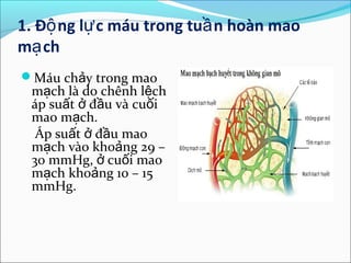1. Độ ng lự c máu trong tuầ n hoàn mao
mạ ch
Máu chảy trong mao
 mạch là do chênh lệch
 áp suất ở đầu và cuối
 mao mạch.
  Áp suất ở đầu mao
 mạch vào khoảng 29 –
 30 mmHg, ở cuối mao
 mạch khoảng 10 – 15
 mmHg.
 