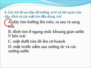 4. Các mô tả sau đây về hướng, vị trí và liên quan của
đáy, đỉnh và các mặt tim đều đúng, trừ:
  A. đáy tim hướng lên trên, ra sau và sang
  trái.
  B. đỉnh tim ở ngang mức khoang gian sườn
  V bên trái
  C. mặt dưới tim đè lên cơ hoành
  D. mặt trước nằm sau xương ức và các
  xương sườn
 