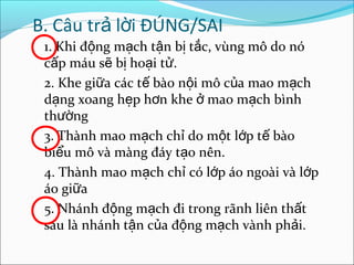 B. Câu trả lời ĐÚNG/SAI
 1. Khi động mạch tận bị tắc, vùng mô do nó
 cấp máu sẽ bị hoại tử.
 2. Khe giữa các tế bào nội mô của mao mạch
 dạng xoang hẹp hơn khe ở mao mạch bình
 thường
 3. Thành mao mạch chỉ do một lớp tế bào
 biểu mô và màng đáy tạo nên.
 4. Thành mao mạch chỉ có lớp áo ngoài và lớp
 áo giữa
 5. Nhánh động mạch đi trong rãnh liên thất
 sau là nhánh tận của động mạch vành phải.
 
