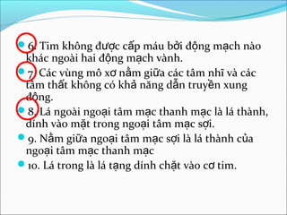 6. Tim không được cấp máu bởi động mạch nào
 khác ngoài hai động mạch vành.
7. Các vùng mô xơ nằm giữa các tâm nhĩ và các
 tâm thất không có khả năng dẫn truyền xung
 động.
8. Lá ngoài ngoại tâm mạc thanh mạc là lá thành,
 dính vào mặt trong ngoại tâm mạc sợi.
9. Nằm giữa ngoại tâm mạc sợi là lá thành của
 ngoại tâm mạc thanh mạc
10. Lá trong là lá tạng dính chặt vào cơ tim.
 