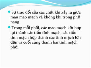Sự trao đổi của các chất khí xảy ra giữa
 máu mao mạch và không khí trong phế
 nang.
Trong mỗi phổi, các mao mạch kết hợp
 lại thành các tiểu tĩnh mạch, các tiểu
 tĩnh mạch hợp thành các tĩnh mạch lớn
 dần và cuối cùng thành hai tĩnh mạch
 phổi.
 
